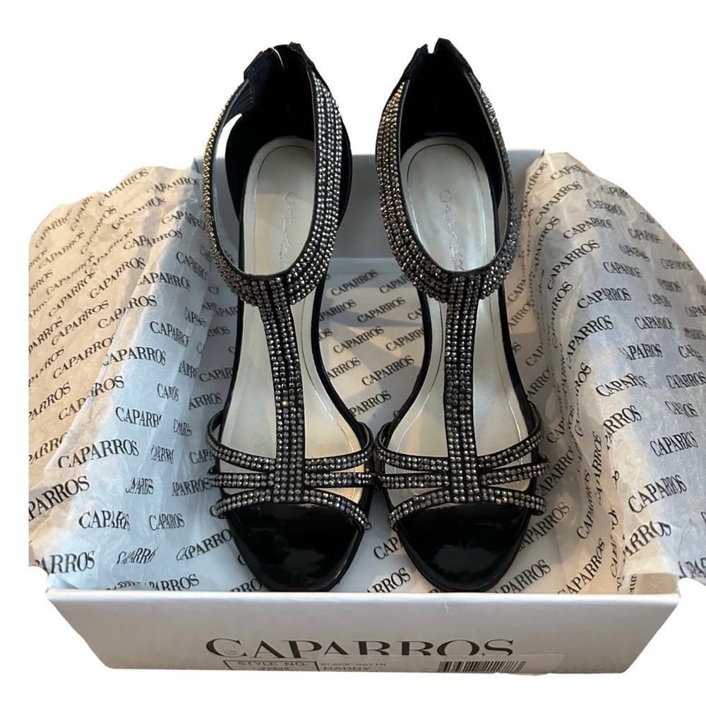 Caparros Black Satin “Maddy” T Strap sandal heels size 10